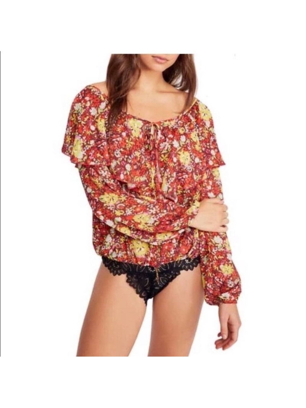 Free People Intimately Red Yellow Floral Ruffle Peasant Bodysuit L Boho Fairy